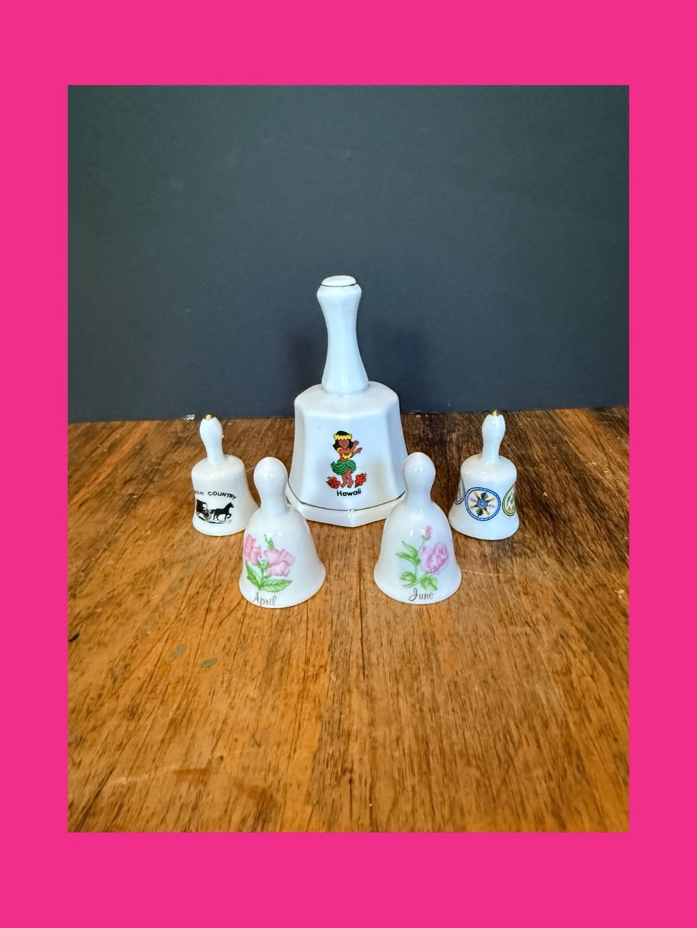 5 Vintage Porcelain Souvenir Bells Hawaii, April, June, Amish Country, Floral